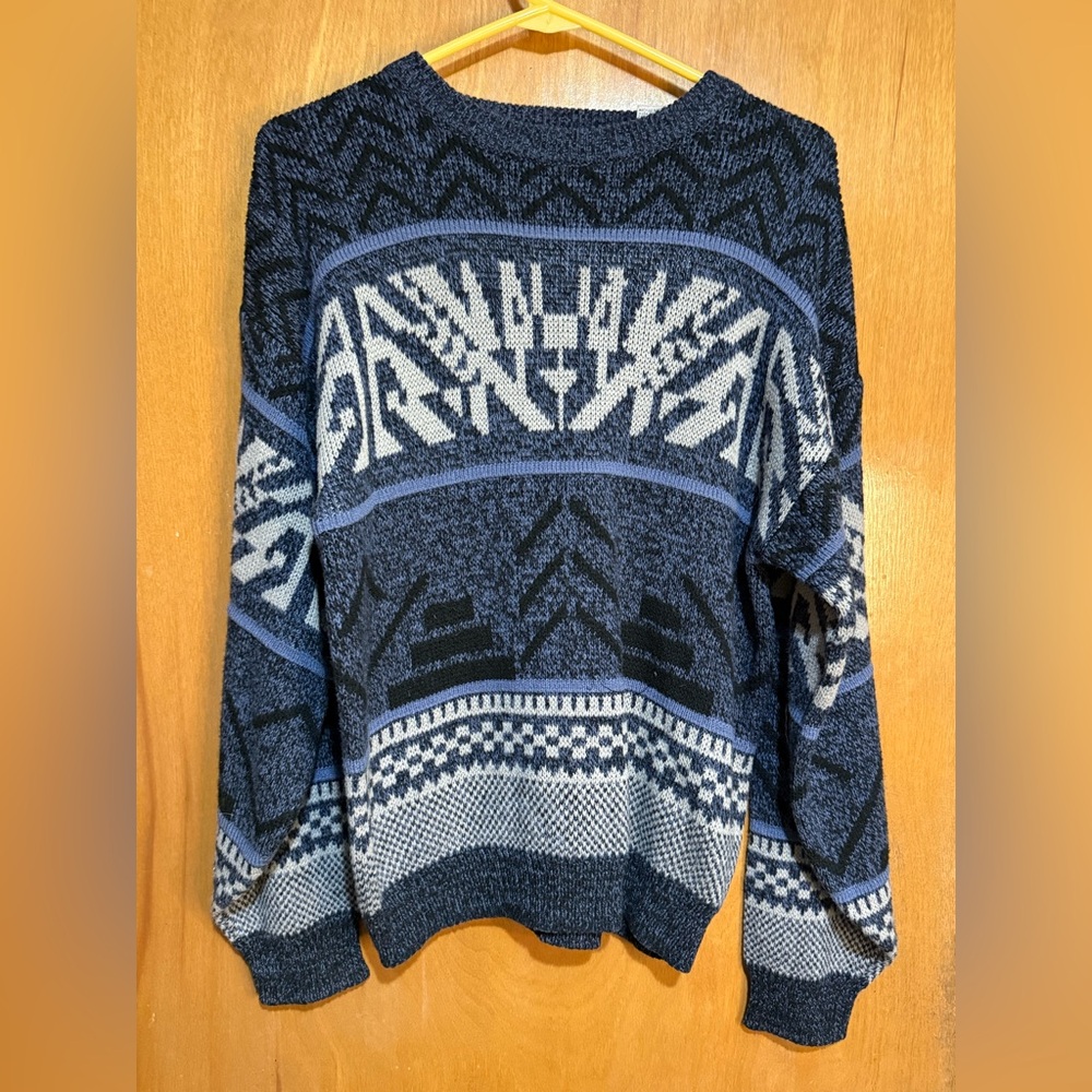 Vintage Blue Black Geometric Knit Sweater Winter Cabin‎ Pullover medium